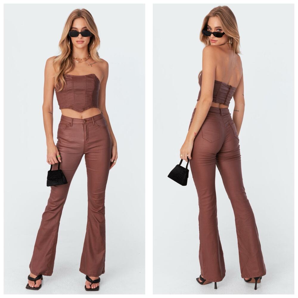 Edkited Luna Faux Leather Mid Rise Flared Jeans Size Medium Brown Chic